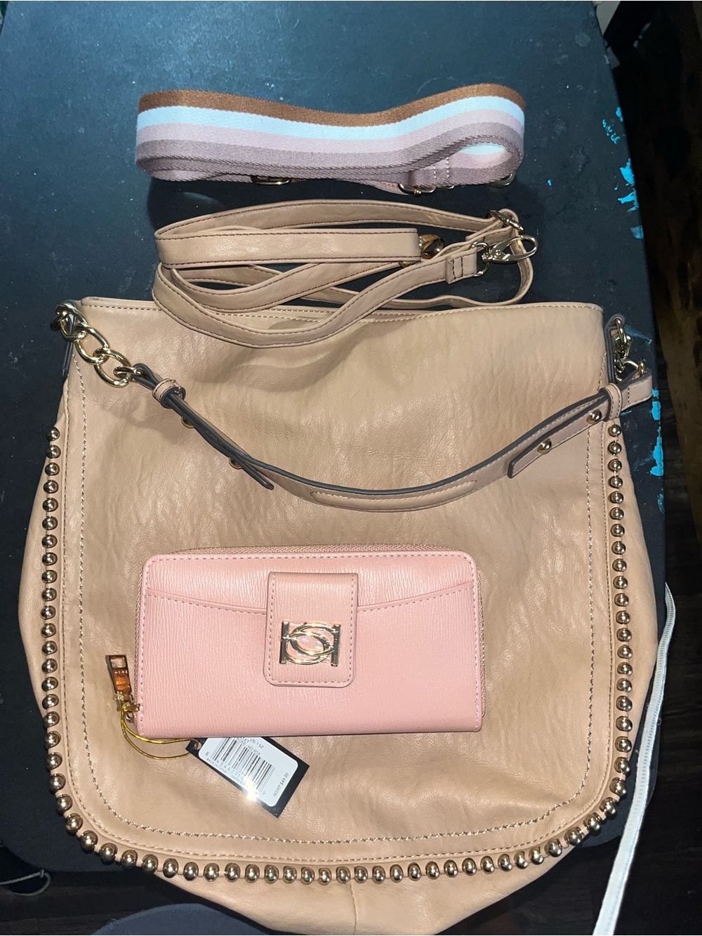 Jessica Simpson Tan Shoulder Bag with Pink Wallet and Striped Strap